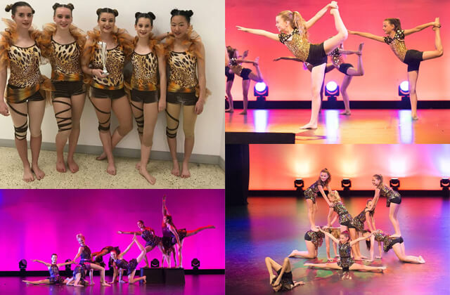 Collage of WAPS Acro students onstage at the concert and backstage at competitions